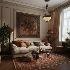 a living room filled with furniture and a large tapestry hanging on the wall above it