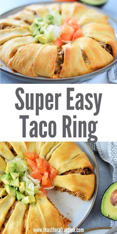 an easy to make taco ring is shown with avocado slices