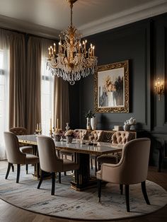 an elegant dining room with chandelier and chairs