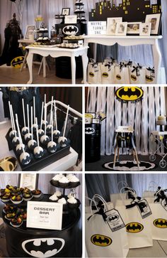 a table topped with lots of cupcakes and batman decorations