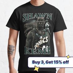 Standard fit with double-needle hems for durability. Solid colors are 100% preshrunk cotton, heather colors are cotton blend. Range of colors available, with the option to print on front or back. Size range S-3XL, suitable for men and women. The Reignman - Shawn Kemp *best printed on black shirts Shawn Kemp, Black Shirts, Sports Basketball, Shirt Ideas, Black Shirt, Solid Colors, Classic T Shirts, Cotton Blend, Solid Color