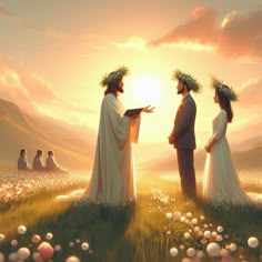 two people standing in a field with flowers on their heads and the sun shining behind them