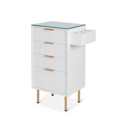 a white cabinet with three drawers and two gold handles on the bottom, against a white background