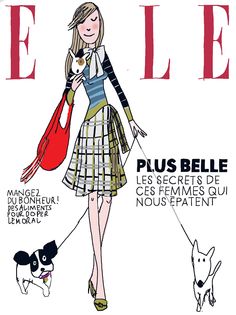 a woman in a plaid dress with her dog and name on the cover of a magazine