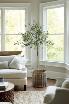 a living room filled with furniture and two large windows next to a white couch in front of a window