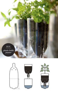 the instructions for how to make a planter from plastic bottles are shown in black and white