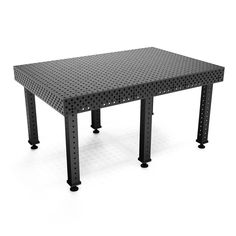 a table that is made out of metal and has holes on the top, as well as wheels