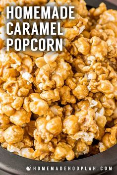 homemade caramel popcorn in a black bowl with text overlay that reads homemade caramel popcorn