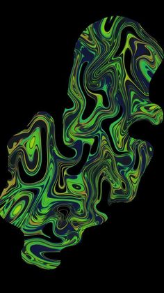 an abstract image of the shape of a human head in green and blue colors on a black background