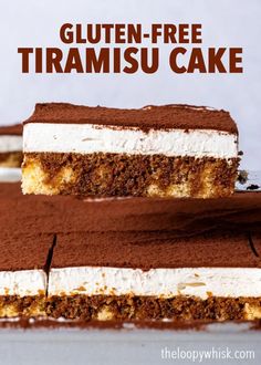 two pieces of gluten - free tiramsu cake with chocolate and white frosting