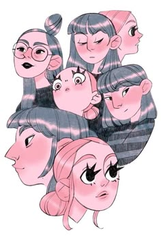 some cartoon characters with different expressions on their faces and hair, all looking at the same person