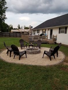 a fire pit with chairs around it in the yard