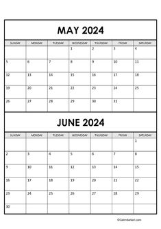 two calendars for may and june, each with the same date as shown on them