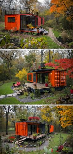 three different views of an orange container house in the middle of trees and grass, with steps leading up to it