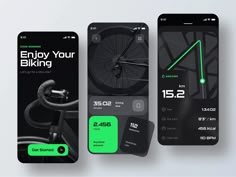 three smartphones displaying the different bike app designs