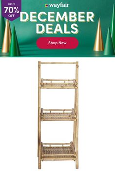 a bamboo shelf with christmas decorations on it and the words wayfair december specials