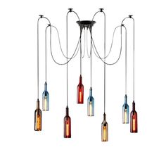 a multi - light chandelier with six bottles hanging from it's sides