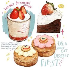 three different desserts are shown in this hand - drawn illustration, one is brownie and the other is strawberry shortcake