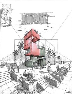 a drawing of a red building with stairs leading up to it