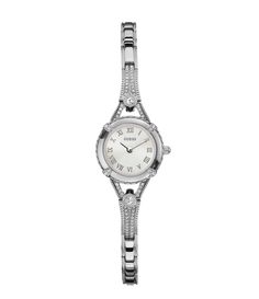 From Guess&#x2C; the Petite silvertone dress watch features: plated base metal with crystal accents and self adjustable braceletround casesilver dialanalog movementapprox. 22mm case2-year limited warrantyImported. Accessories Watches Women, Mixed Metal Bracelets, Silver Watches Women, Guess Watch, Crystal Watches, Rose Gold Bracelet, Dress Watch, Metal Bracelets, Watches Jewelry