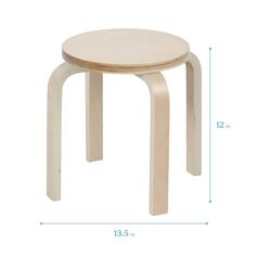 a wooden stool with measurements for the top and bottom legs, shown in front of a white background