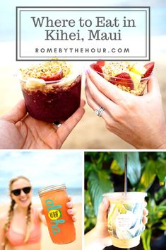 two women holding up drinks and eating food on the beach with text overlay where to eat in kihei, maui