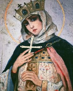 a painting of a woman wearing a crown and holding a cross