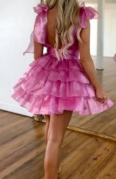 V-neck Open Back Short Homecoming Dress with Ruffle Skirt – DressesTailor Fun Hoco Dresses, Unique Hoco Dresses, Senior Hoco, Senior Homecoming, Cute Formal Dresses, Hot Pink Mini Dress, Cute Homecoming Dresses, Hoco Dress, Sherri Hill Prom Dresses