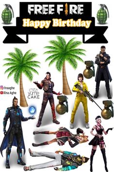 an advertisement for the free fire game with people in different outfits and palm trees behind them