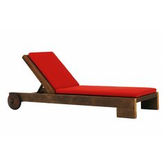 a wooden chaise lounge chair with red cushions