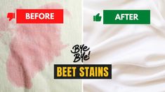 before and after photos of bed stains on a white sheet with red, green and blue lettering