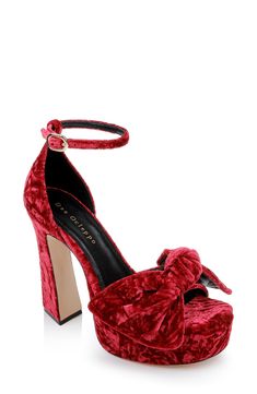 Crushed velvet and a dramatically oversized bow dial up the dark romance of this date-ready ankle-strap sandal lifted by a towering block heel and platform. 3 1/4" heel; 1 1/4" platform Adjustable ankle strap with buckle closure Textile upper/leather lining and sole Imported Red Platform Heels, Womens Low Heels, Red Platform, Strappy Platform Sandals, Velvet Texture, Strap Sandals Women, Open Toe Shoes, Red Heels, Velvet Bow