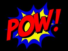 the word pow is written in red, yellow and blue with an explosion effect on it