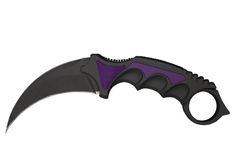 a purple and black knife with an open blade on white background, cut out from the side