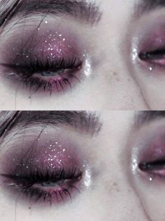 Creative Grunge Makeup, Eyeshadow Looks Basic, Pink Goth Eye Makeup, Witchy Aesthetic Makeup, Pink Glitter Smokey Eye, Hooded Eyes Alt Makeup, Makeup For Wide Eyes, Sparkly Goth Makeup, Sparkly Makeup Ideas