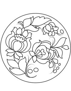 a black and white drawing of flowers in a round frame with leaves on the side