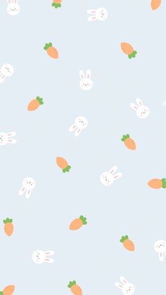 an image of rabbits and carrots on a blue background for wallpaper or fabric