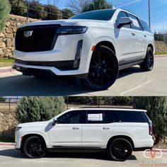 two different views of the front and side of a white suv with black rims