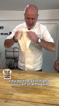 a man is making something with his hands on a table that says, you do the stitch and you can start again