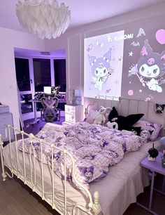 a bedroom with purple walls and white furniture