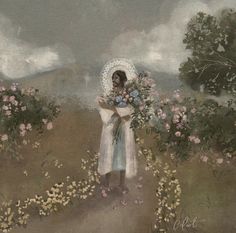 a painting of a woman in a field with flowers