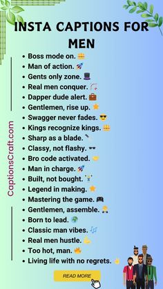 a poster with the words insta captions for men in different colors and sizes