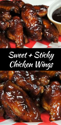 sweet and sticky chicken wings on a red and white checkered tablecloth with dipping sauce