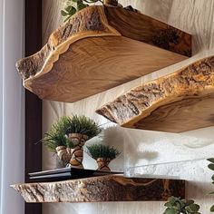 three wooden shelves with plants on them