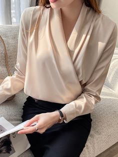 Long Sleeves Loose Buttoned Solid Color V-Neck Blouses & Shirts Tops BURGUNDY-L Cotton Dresses Summer, Leisure Fashion, Satin Blouse, Satin Top, Fashion Seasons, V Neck Blouse, Linen Top, Business Casual Outfits, White Green