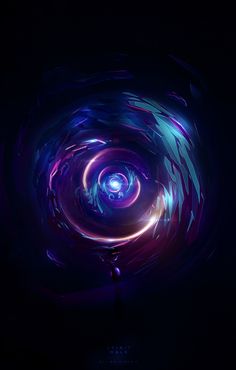 an abstract painting with blue and purple colors in the center on a black background,