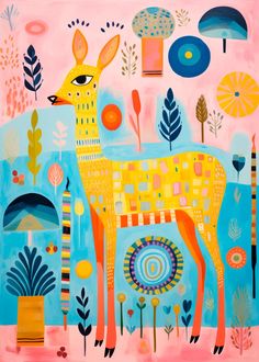 Colorful deer illustration with abstract patterns, surrounded by pastel foliage and elements, ideal for children's nursery decor. Wildlife Poster, Deer Poster, Deer Nursery, Deer Art, Child's Room, All Poster, Paper And Ink, Nursery Art, Soft Colors