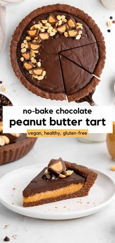 no - bake chocolate peanut butter tart on a white plate with text overlay