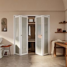 The glass bi-fold door with installation hardware kit adds beauty and the natural warmth of wood to your home! The product enhances the look of your closet, entryway, bedroom, or storage area with modern styling and is suitable for all décors. These doors fold into each other when opened to provide 90%+ access to your closets without taking up space within your room. The frosted glass design allows for privacy as well as natural light to enter your room. The bi-fold doors are durable and easy t… Frosted Glass Closet Doors, Glass Closet Doors, Fold Door, Closet Pantry, Frosted Glass Design, Bifold Closet Doors, Bi Fold Door, Taking Up Space, Door Hardware Interior