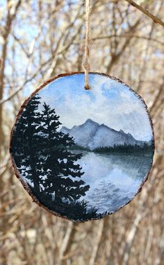 a wooden ornament hanging from a tree with a lake and mountains in the background